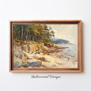 Vintage Rocky Beach Trees Oil Painting Art Print (Digital Download)