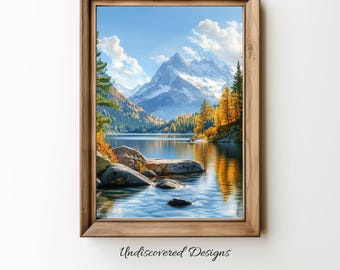山と湖のアートプリント：ノスタルジックな風景画（デジタル