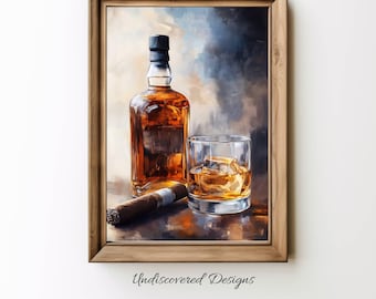 Impresión artística de whisky y cigarros / Decoración de bar para el hogar (Descarga digital)