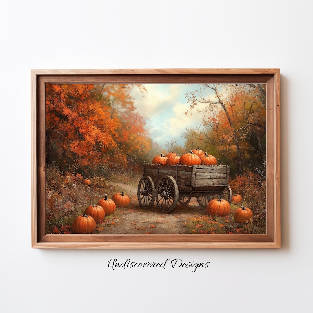 Vintage Pumpkin Wagon Art Print, Fall Harvest Landscape (digital Print ...