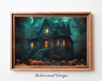 Haunted House Art with Pumpkins, Vintage Halloween Oil Painting Digital Download