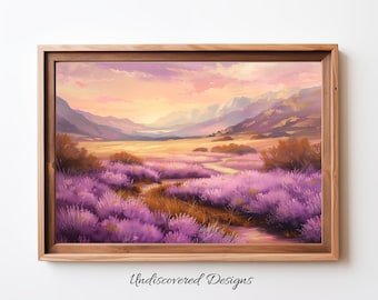 Impresión artística de pintura al óleo vintage de un campo de lavanda (descarga digital)