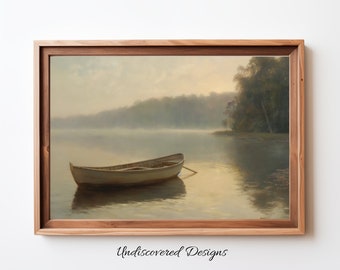Serene Lake Boat Landscape Print: Tranquil Wall Art (Digital Download)
