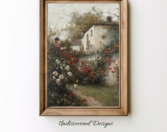 Vintage Rose Garden Painting: English Cottage Wall Decor (Digital Download)