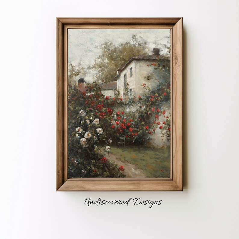 Rose Garden Vintage Painting English Cottage Art, Printable Wall Decor