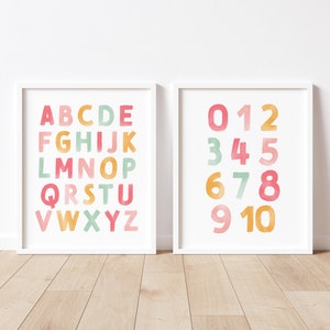 Watercolor Alphabet and Numbers Nursery Art Set, Instant Download, ABC Print, Numbers 1-10 Print, Pink, Sage, Girl Nursery, Nursery Decor