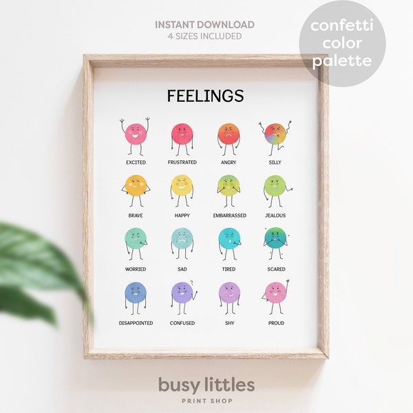 Cartel de sentimientos coloridos, póster de sentimientos preescolares, decoración temática del arco iris del aula, descarga instantánea, póster educativo imprimible