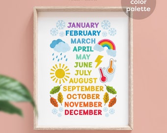 Months of the Year Printable Educational Poster, Homeschooling Decor, Classroom Art, Teaching Decor, Learning Print, Digital Download