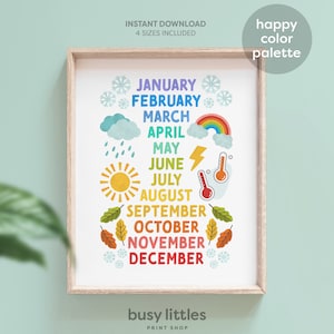 May include: A printable chart with the months of the year, each month is illustrated with a seasonal icon, such as snowflakes for January, a rainbow for April, and leaves for October. The text "JANUARY, FEBRUARY, MARCH, APRIL, MAY, JUNE, JULY, AUGUST, SEPTEMBER, OCTOBER, NOVEMBER, DECEMBER" is displayed in a colorful font.