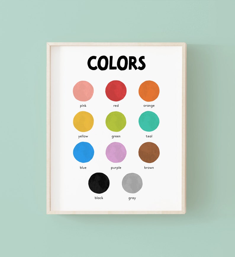 May include: A printable chart with the word "COLORS" at the top and a color wheel with 10 different colors. The colors are pink, red, orange, yellow, green, teal, blue, purple, brown, black, and gray.