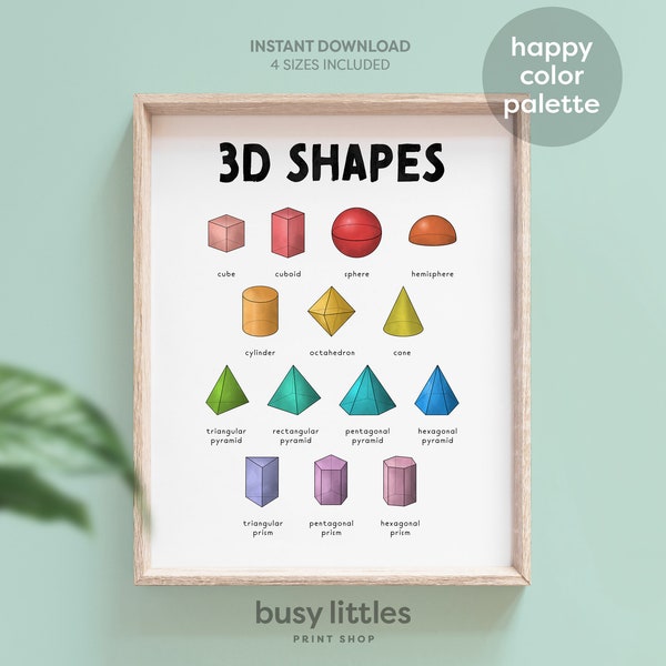 Rainbow 3D Shapes Printable Poster, Instant Download, Learning 3D Shapes, Teacher Decor, Colorful Classroom, Preschool Prints