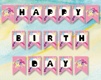 May include: Pink and white printable banner with the words "Happy Birthday" in black letters. The banner features a unicorn theme with colourful unicorns and rainbows.