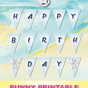 Bunny party banner - Bunny happy birthday for kids - printable banner - Bunny pennant printable - bunting template - diy - instant download