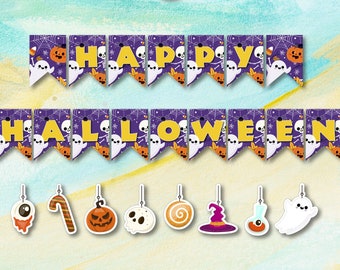 Op de afbeelding: Printbare Halloween-banner met de woorden "Happy Halloween" in gele letters op een paarse achtergrond met geesten, pompoenen en spinnenwebben. De banner wordt vergezeld door acht printbare Halloween-versieringen.