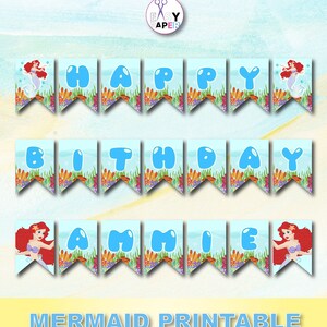 Princess Mermaid Banner, Printable Princess Mermaid Triangle Banner, Mermaid party Banner - Princess Pennant Printable - Instant Download