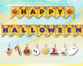 May include: A Halloween banner set with the words "HAPPY HALLOWEEN" in brown and purple letters on yellow pennants. Includes hanging Halloween-themed cutouts and the text "HALLOWEEN PRINTABLE".