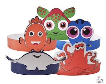 May include: Five printable paper crown templates featuring characters from the animated movie Finding Nemo. The crowns feature a red and orange clownfish, a green sea turtle, a blue tang fish, a gray manta ray, and a red octopus.
