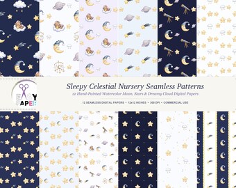 May include: A collection of 12 seamless digital papers featuring watercolour illustrations of moons, stars, clouds, planets, and telescopes. The text reads Sleepy Celestial Nursery Seamless Patterns, 12 Hand-Painted Watercolour Moon, Stars & Dreamy Cloud Digital Papers, 12x12 INCHES, 300 DPI, COMMERCIAL USE.
