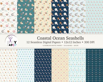 May include: A collection of 12 seamless digital papers featuring Coastal Ocean Seashells patterns in various colours including navy, cream, and light blue. The text Coastal Ocean Seashells 12 Seamless Digital Papers 12x12 Inches 300 DPI is visible.