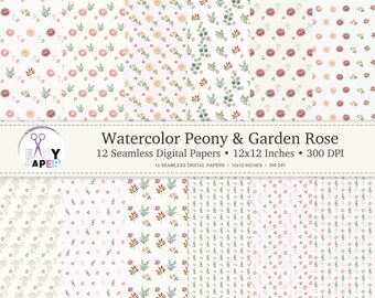 May include: A collection of 12 seamless digital papers featuring watercolour peony and garden rose patterns in shades of pink, peach, and green on white backgrounds. The text reads: Watercolor Peony & Garden Rose, 12 Seamless Digital Papers, 12x12 Inches, 300 DPI.
