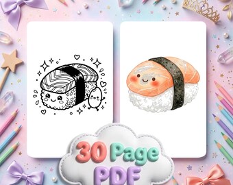 Kawaii Sushi Coloring Pages Cute Japanese Food Coloring Book PDF Chibi Roll Friends Bento Nigiri Rice Ball Printable Kids Activity Sheets