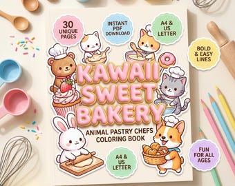 May include: A colouring book titled Kawaii Sweet Bakery Animal Pastry Chefs with illustrations of a bear, cat, rabbit, and dog baking. The cover features text including 30 Unique Pages, Instant PDF Download, A4 & US Letter, and Bold & Easy Lines.