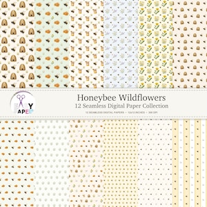 Peut inclure: Une collection de 12 papiers numériques sans couture intitulée Honeybee Wildflowers, présentant des motifs répétitifs d'abeilles, de ruches, de pots de miel et de fleurs en jaune, vert et blanc, avec le texte 12x12 inches et 300 DPI.