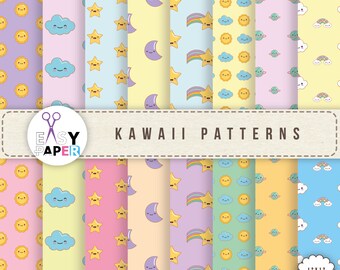 May include: A set of 12 digital paper patterns featuring kawaii designs. The patterns include clouds, stars, moons, rainbows, and suns in various colours on a light background. The text "EASY PAPER" and "KAWAII PATTERNS" is included in the image. The image also includes the text "12x12 300 DPI JPEG & PNG".