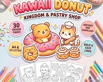 May include: A digital colouring book set titled Kawaii Donut Kingdom & Pastry Shop featuring 30 unique pages. The image displays a bear in a pink doughnut, a cat baker with cinnamon rolls, coloured pencils, markers, and sample black and white line art.