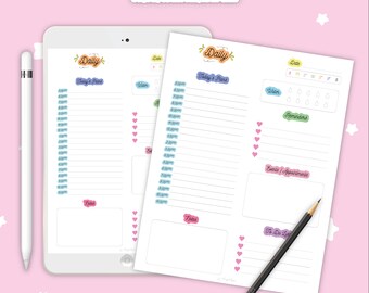 May include: A printable daily planner with a light blue, pink, and yellow colour scheme. The planner includes sections for today's plans, water intake, reminders, events and appointments, and a to-do list. The planner is available in A4, A5, and US Letter sizes.