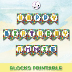 Bouwstenen Verjaardag Banner - Afdrukbare Bakstenen Banner - Blokken Wimpel Afdrukbaar - Bouwstenen Party - DIY - Instant Download