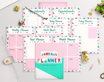 May include: A set of printable planner pages featuring a colourful geometric pattern. The pages include a weekly planner, daily planner, goal planner, work sheet, appointment planner, month planner, and a journal planner cover page. The text on the cover page reads "Journal Planner Make it your best year yet."