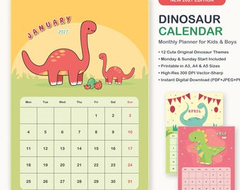 May include: A 2027 wall calendar featuring a January page with a yellow background, two red dinosaurs, and a grid of dates. The text reads JANUARY 2027, DINOSAUR CALENDAR, NEW 2027 EDITION, and includes details about printable sizes and digital download formats.