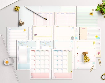 May include: A set of printable planner pages with various layouts, including to-do lists, calendars, and lined paper. The pages feature a pastel colour scheme and cute illustrations of animals and objects.