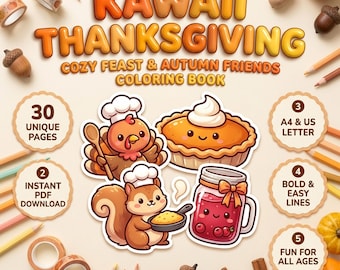 May include: A Kawaii Thanksgiving colouring book featuring the text Cozy Feast & Autumn Friends. The cover displays illustrations of a turkey, a pumpkin pie, a squirrel, and a jar of cranberry sauce, surrounded by acorns, pencils, and tape.