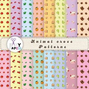 Może przedstawiać: Zestaw 10 cyfrowych wzorów papieru z różnymi postaciami i przedmiotami z Animal Crossing. Wzory obejmują jabłka, wiśnie, liście, pomarańcze, brzoskwinie, gruszki, białą krowę i brązowego niedźwiedzia.