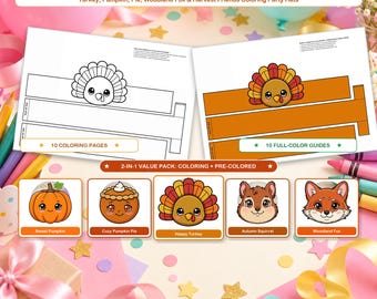 10 Thanksgiving Paper Crowns Printable Turkey Headband Craft Pumpkin Pie Woodland Animals Kids Coloring Hats Fall Feast Party Favors PDF