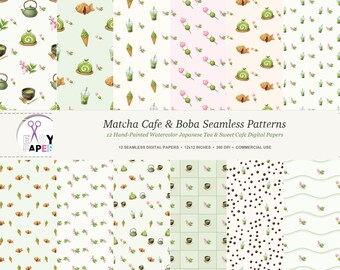 May include: A collection of 12 seamless digital papers featuring watercolour illustrations of matcha tea, boba drinks, taiyaki, dango, and cherry blossoms. The text reads Matcha Cafe & Boba Seamless Patterns, 12 Hand-Painted Watercolour Japanese Tea & Sweet Cafe Digital Papers, 12 SEAMLESS DIGITAL PAPERS, 12x12 INCHES, 300 DPI, COMMERCIAL USE.