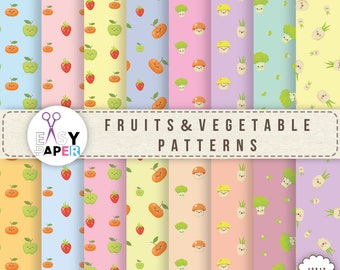 May include: A selection of digital paper patterns with cartoon fruits and vegetables. The patterns showcase apples, strawberries, oranges, mushrooms, broccoli, and onions on pastel backgrounds. The text "FRUITS & VEGETABLE PATTERNS" is displayed.
