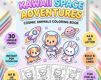 May include: A colouring book titled Kawaii Space Adventures Cosmic Animals Colouring Book featuring illustrations of a cat, dog, and rabbit in space suits, a rocket, and a planet. Includes text for 30 unique pages, A4 and US Letter size.