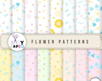 May include: A set of 12 digital flower patterns in various colours, including yellow, pink, blue, and green. The patterns feature different floral designs, such as dots, leaves, and flowers. The patterns are 12x12 inches and 300 DPI. The patterns are available in JPEG and PNG formats. The text "EASY PAPER" is in a circle with scissors in the centre. The text "FLOWER PATTERNS" is below the circle.