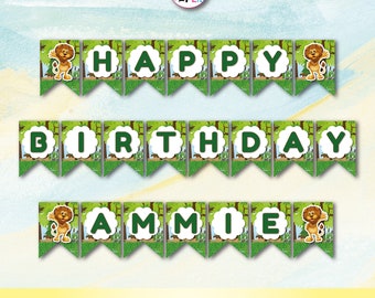 May include: Green and white printable banner with a jungle theme. The banner says "Happy Birthday Amie" with a cartoon lion on each end. The banner is perfect for a child's birthday party.