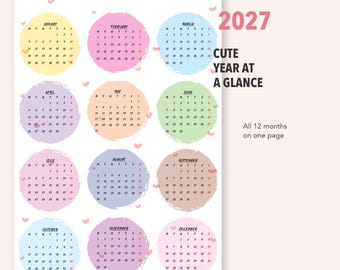 2027 Pastel Year at a Glance Calendar, Monday Start (Digital Download)
