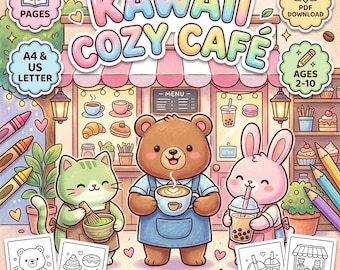 May include: A digital colouring book cover titled Kawaii Cozy Café featuring a brown bear, a green cat, and a pink rabbit in front of a cafe. The image includes text, icons for pages, PDF download, A4 and US letter sizes, and ages 2-10.