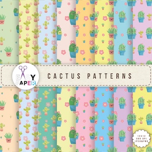 Kawaii Cactus Pattern Digital Paper Downloads , Printable Scrapbook Paper , Succulent pattern Paper , Digital backgrounds - Instant Download