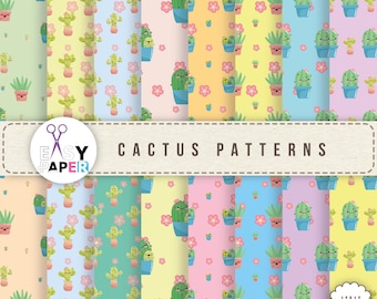 May include: A set of 12 digital cactus patterns in various colours, including yellow, green, blue, pink, and light blue. The patterns feature cute cartoon cacti with smiling faces and flowers. The text "EASY PAPER" and "CACTUS PATTERNS" is included in the image.