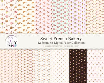 May include: A collection of 12 seamless digital papers titled Sweet French Bakery, featuring repeating patterns of doughnuts, croissants, biscuits, and pastries in various colours on light, pastel, and dark backgrounds with 30.48 cm dimensions.