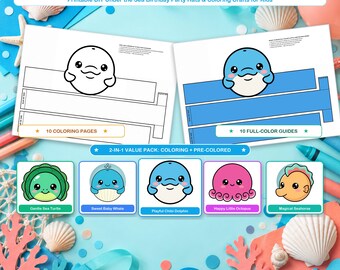 May include: A digital download set of 10 ocean animal paper crowns featuring printable colouring pages and full-colour guides. The designs include a sea turtle, whale, dolphin, octopus, and seahorse. Text includes 10 OCEAN ANIMAL PAPER CROWNS.