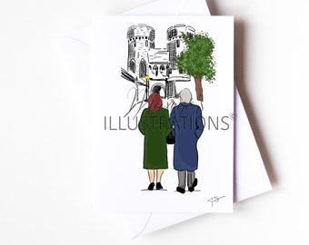 Könnte beinhalten: Eine Schwarzweißillustration eines Paares, das vor einem Schloss mit einem grünen Baum geht. Die Frau trägt einen grünen Mantel und einen roten Hut. Der Mann trägt einen blauen Mantel. Der Text "ILLUSTRATIONS" ist unter dem Paar gedruckt.
