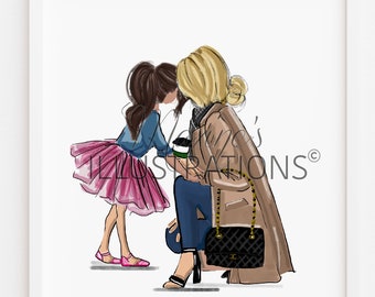 Personalised Mother and Daughter Print, Art, home decor, fashion illustration, gift, mom, sister, mothers day girl by Maxine's Illustrations